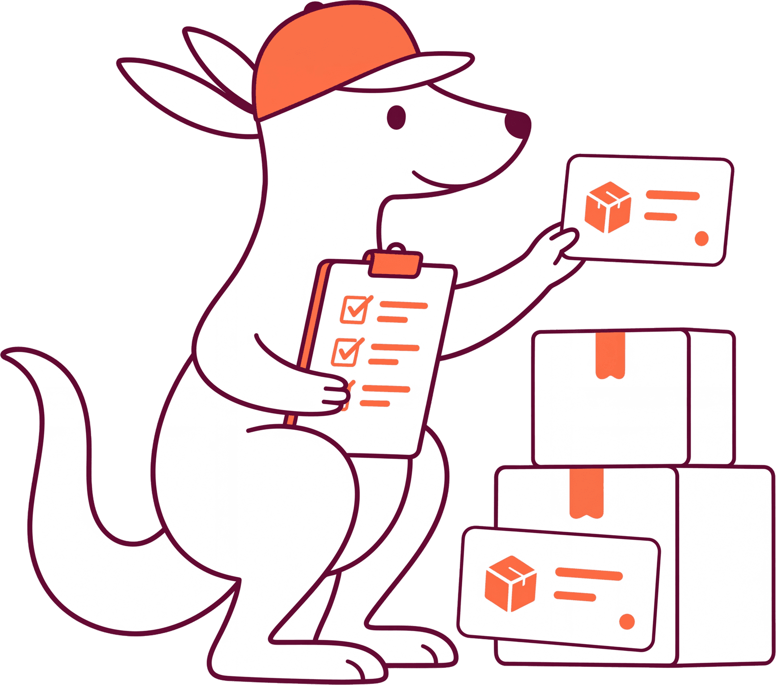 Mascote Kanglu organizando pedidos em um único painel